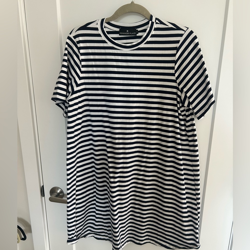 Pomander Place Zoe Mini Tee Dress. medium. Navy Stripe